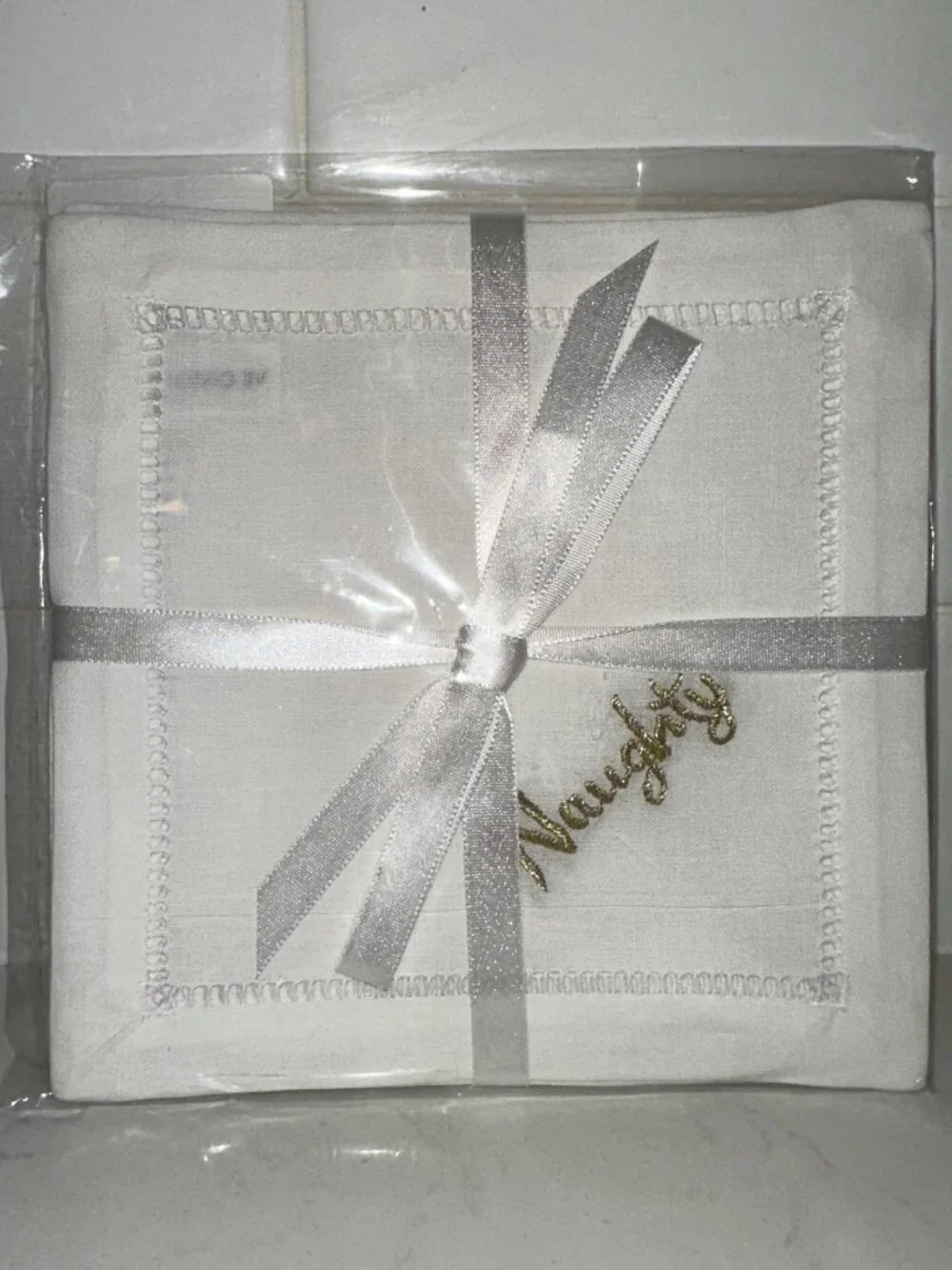 NWT Naughty & Nice Set of Four Linen 100% Cotton Cocktail Napkins Hemstitch 6x6